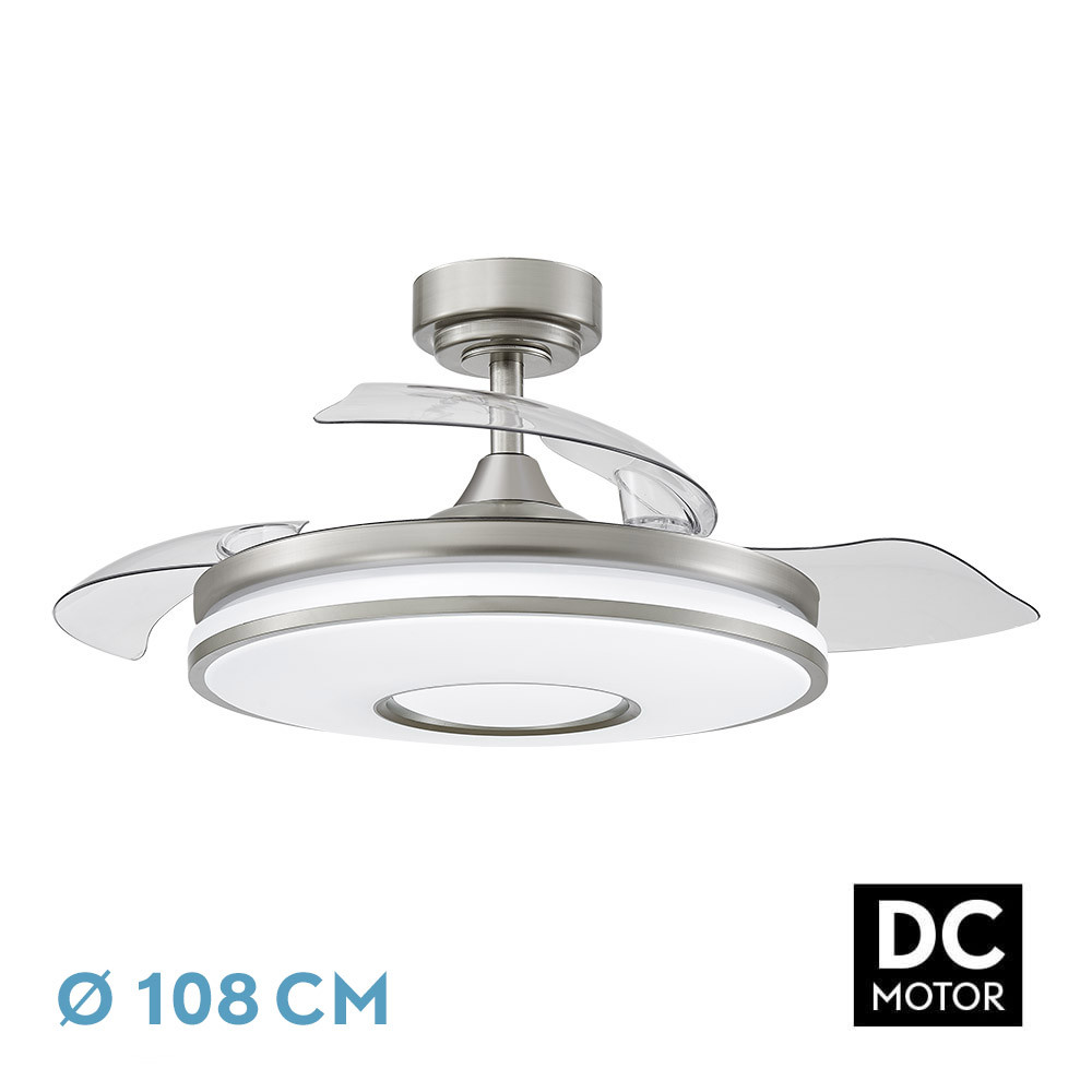 Nº25 Ventilador Dani 72w 7200lm Niquel 3 Aspas Desplegables 6 Velocidades108d 3000-4000-6000k Remoto, Memoria Y Temporizador 24