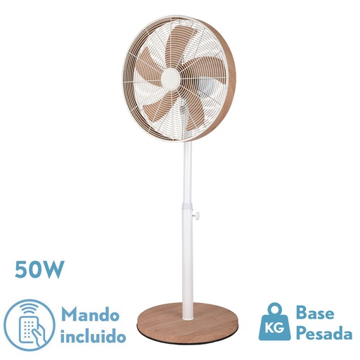 [210541068] VENTILADOR DE PIE ALCAÑIZ BLANCO/HAYA 3VEL.50W.5ASPAS OSCILANTE Y ROTATORIO REGX45X39CM